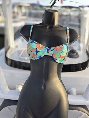 Kulani Kinis Neon Coral & Aqua Floral Bikini Top